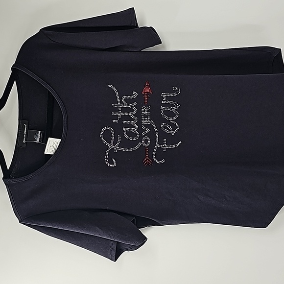 ❤️3/$30 AS Faith Over Fear Black Short Sleeve T-Shirt Top w Red & Silver Crystal - Picture 1 of 11
